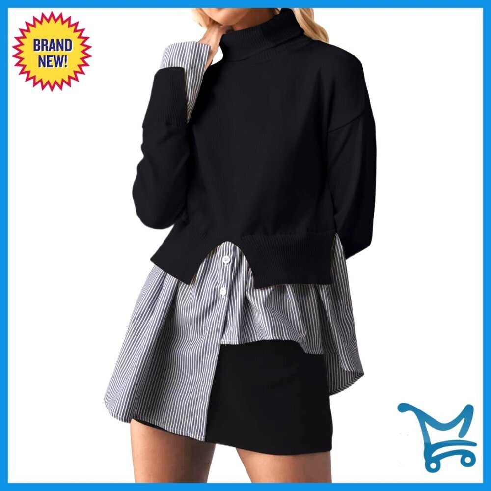 Asymmetrical Patchwork Turtleneck Sweater Dress 2-in-1 Pullover Tunic Side Slit